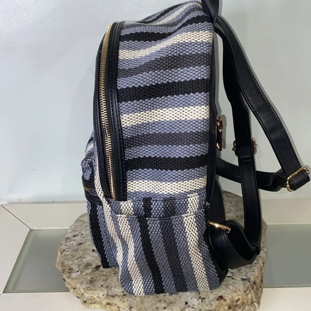 MODA Luxe Trent Backpack Blue Striped Patterned Fabric Faux Leather Travel Bag